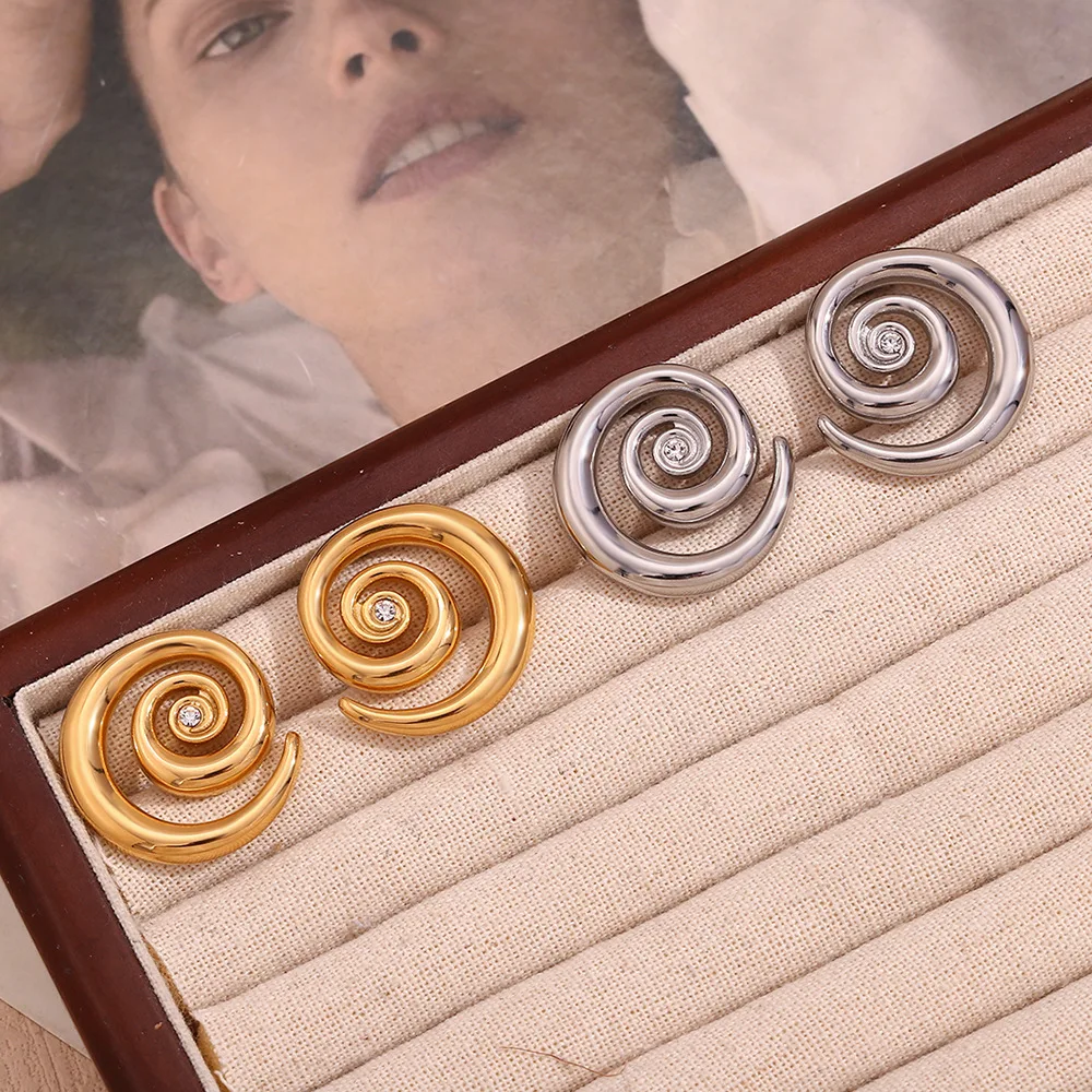 Summer Designer Stainless Steel 18K PVD Gold Plated Fashion Jewelry Spiral Winding Zircon Stud Earrings For Women