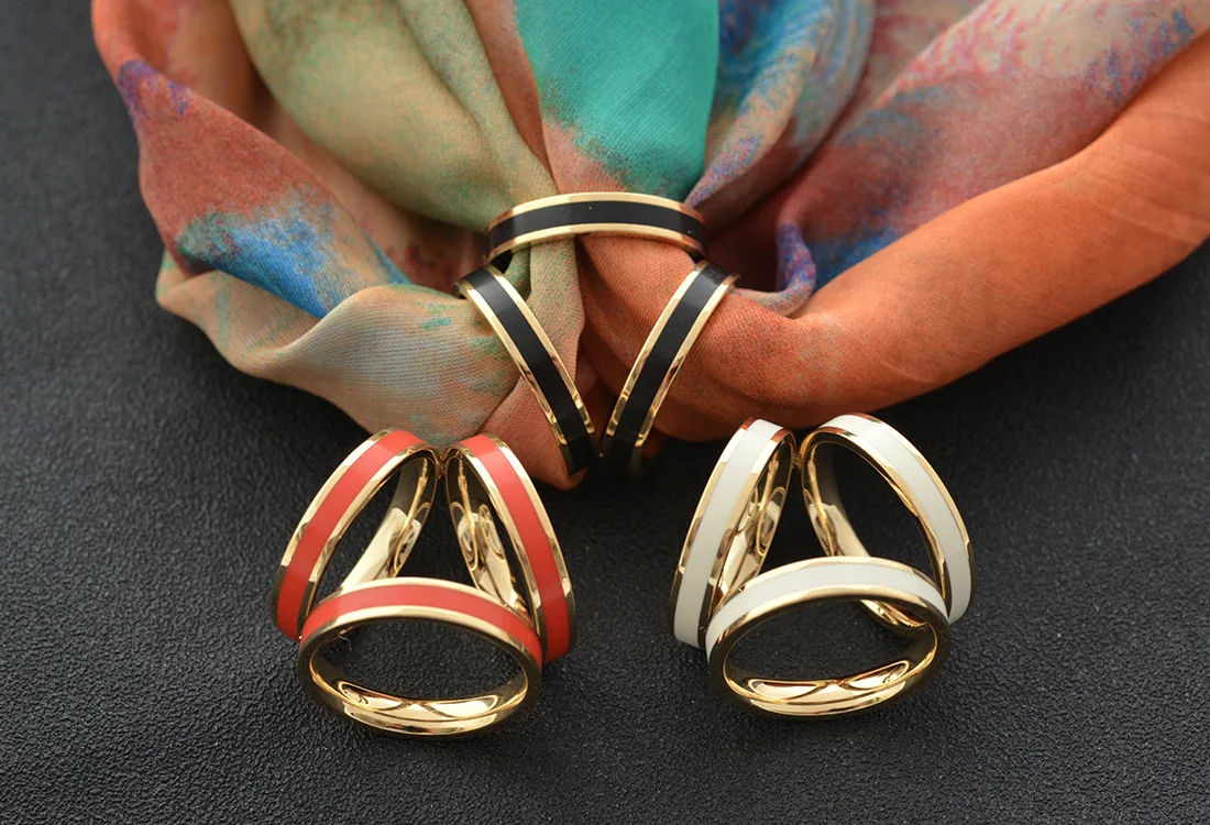 Metal High Quality Jewelry Fashion Three Rings Tricyclic Enamelled Stainless Steel Silk Scarf Buckle Rings For Scarf Women