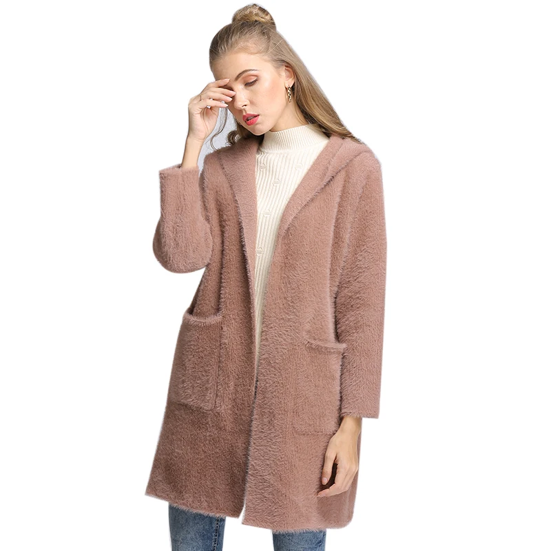 Шерстяная овечья шерстяная Толстовка Shearing, Соболиные пальто из искусственного лисьего черного меха, длинное вязаное шерстяное зимнее женское кашемировое пальто