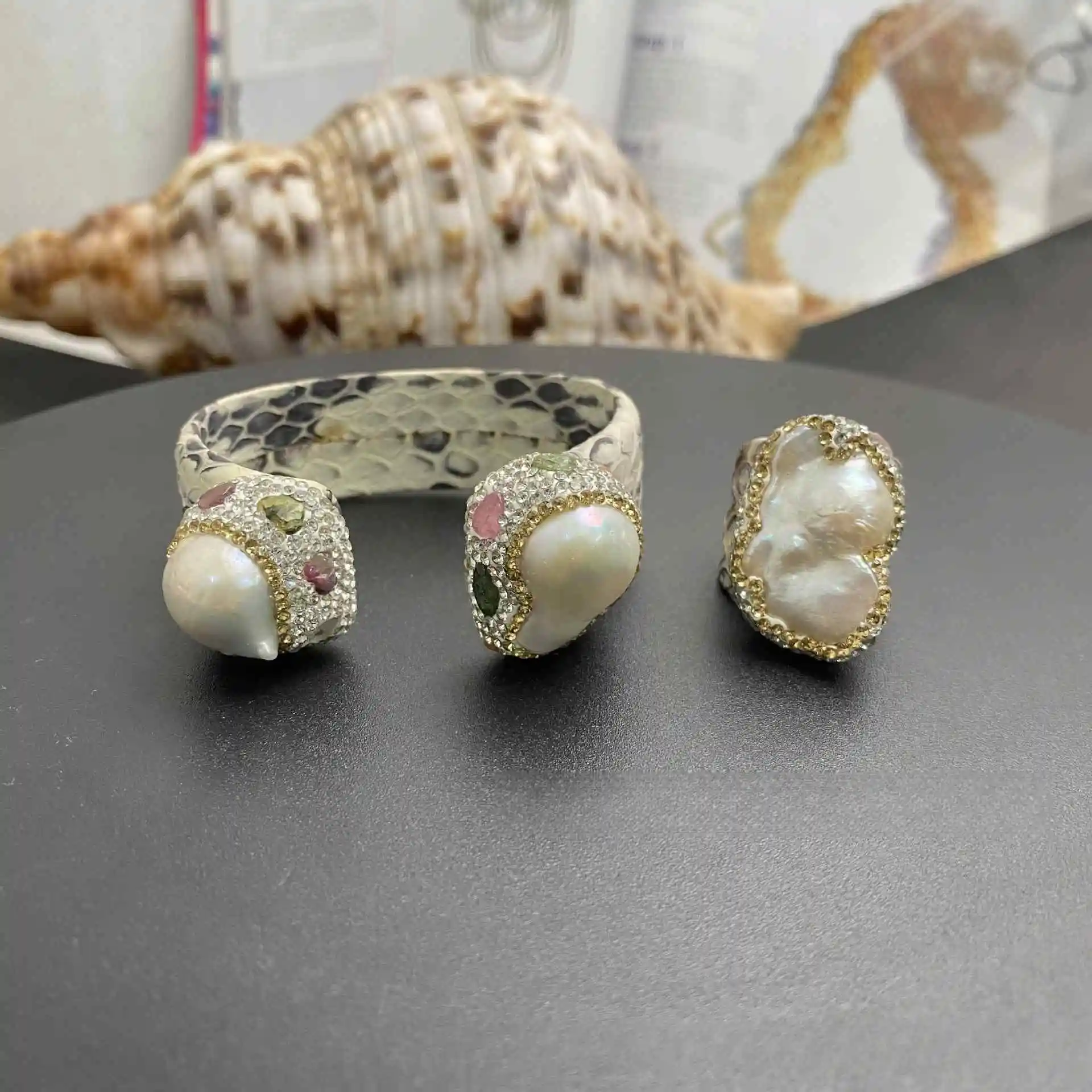 ZJFP Freshwater Pearl Bangle Pearl Ring Leather Set 2Pieces Jewelry Sets For Women Gifts