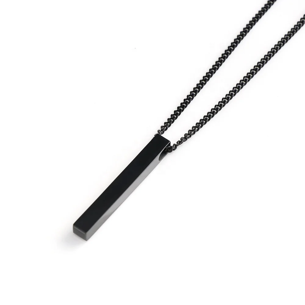 high quality stainless steel thin cuban chain black plated blank vertical bar necklace men
