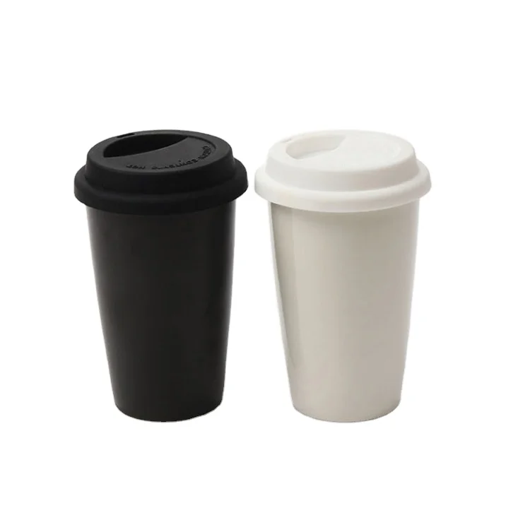 High quality custom double wall porcelain coffee mug cup coffee with silicone lid 301-400ml