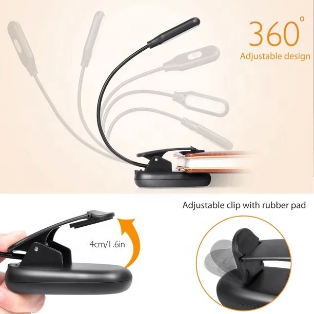 Rechargeable 5 LED Book Light Easy Clip on Reading Lamp with USB Charging Cable, 360 Rotation, 3 Color Temperature