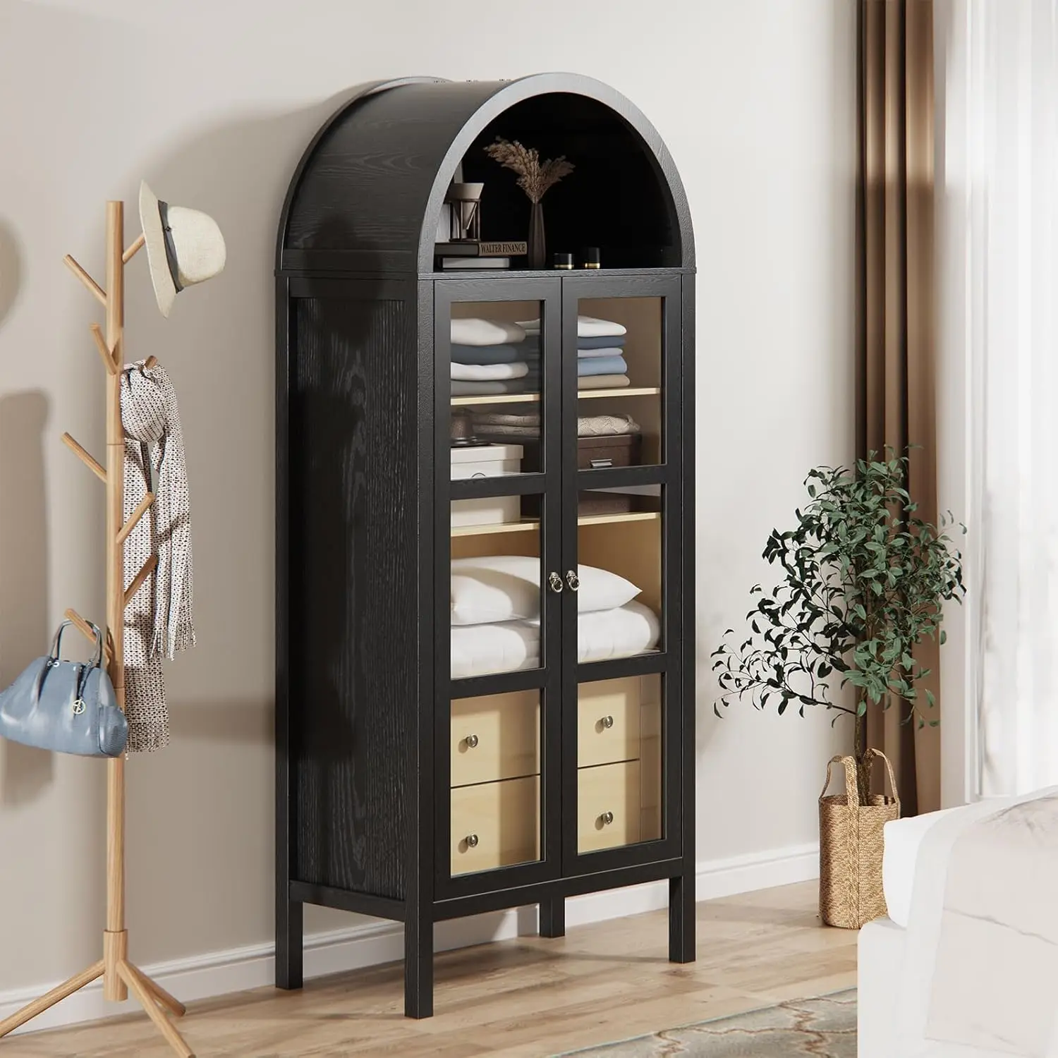 Arched Sideboard Display Bookshelf Storage Cabinet with LED Light Glass Doors Height Adjustable Shelf and 2 Drawers