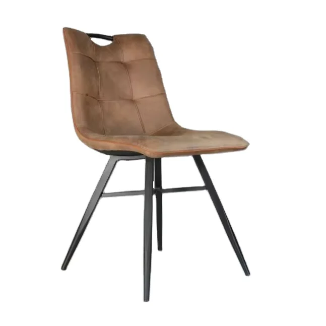 European hot sale industrial style cognac fabric home kitchen dining chair with cross metal feet