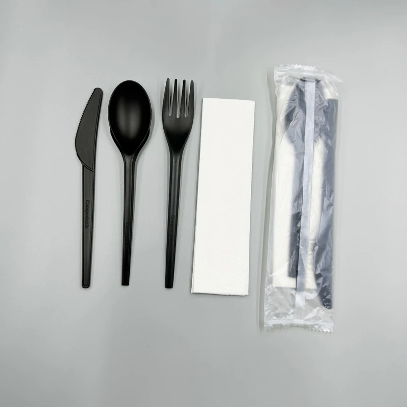 Compostable disposable pla/cpla biodegradable cutlery with napkin plastic cutlery set disposable pla spoon bio