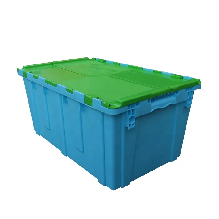 QS PP 75L 680*430*320mm Heavy Duty Nested Stackable Turnover Tote Bins Plastic Moving Crates Hinged lid for Home Cloth Storage
