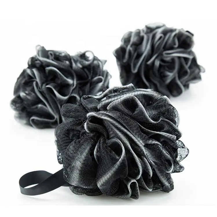 Amazo hot sales Black Loofah Charcoal Bath Sponge Extra Large Mesh Pouf Soft Scrubber for Men and Women