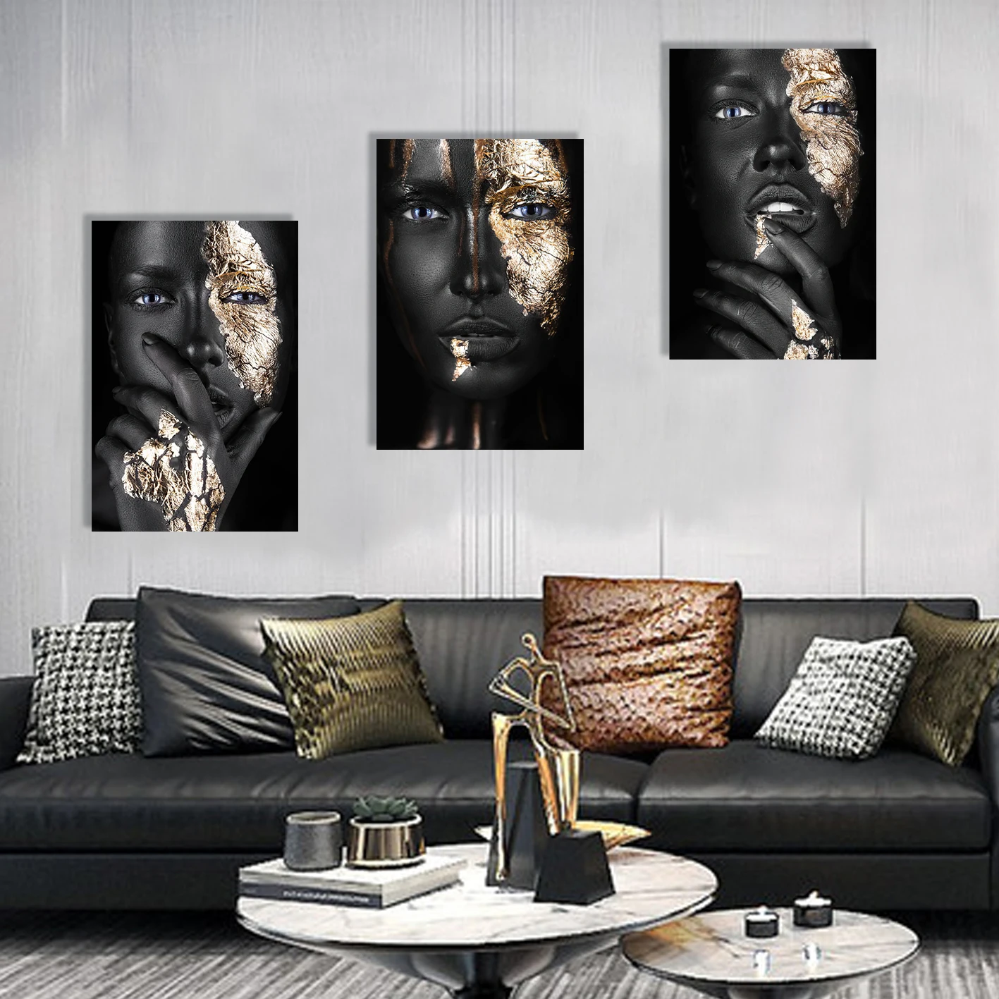 
African Art Black and Gold Woman Print Paintings For Home Decor Canvas Oil Painting Poster 