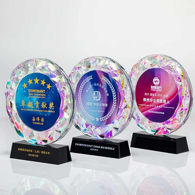Honor of crystal Colorful K9 UV Printing Champion Crystal Trophy with Black Base for Souvenir Gift