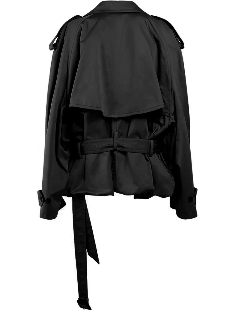 OUDINA 2023 French Cropped Trench Coat Women Cargo Oversized Double Breasted Waisted Windbreaker Jacket