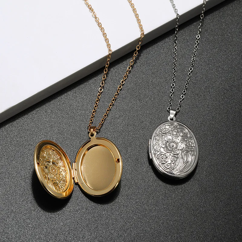 2024 Hot Sale Silver Locket Necklace Oval Locket Long Chain Necklace Modern Vintage Lockets Gift For Girlfriend