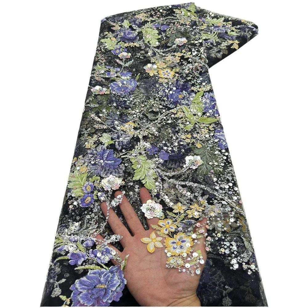 100% Polyester fabric Tejidos bordados colorful sequin 3d Embroidery lace Nigerian Lace Fabric for wedding Dress