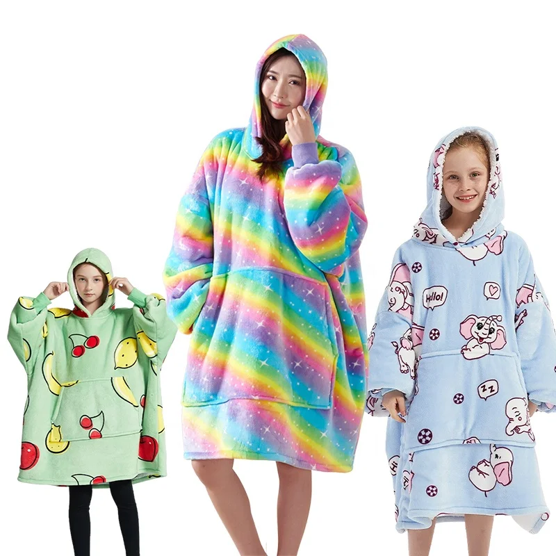 Winter adult kids fleece tv wearable oversized blanket hoodie