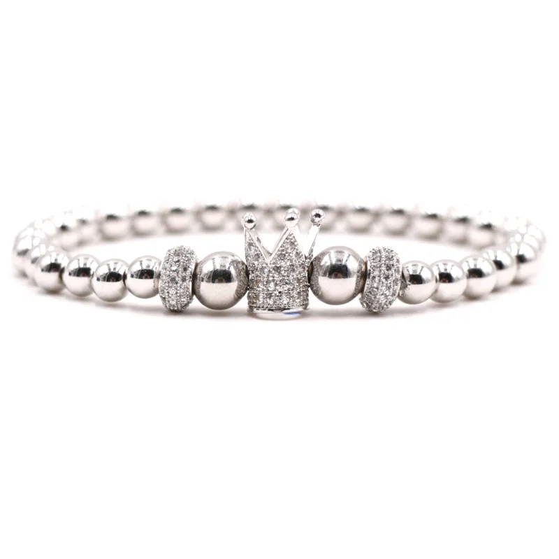 Fashion Black Silver Gold Colors Elastic String Copper Bead Micro Pave CZ Crown Charm Double Tire Bracelets For Male and Female
