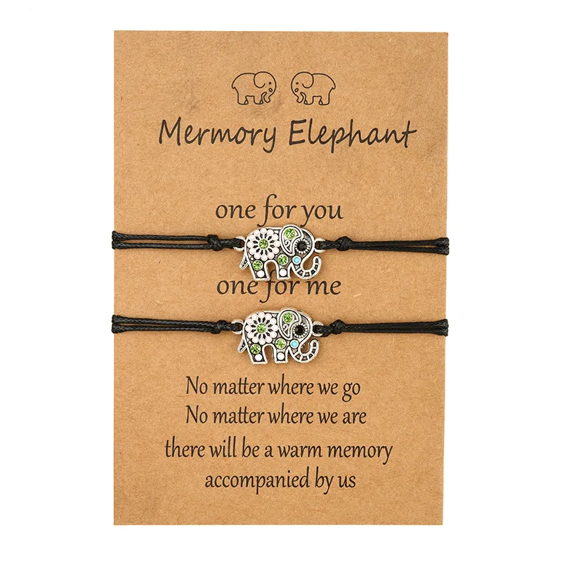 Memory Elephant Charm Black Red String Rope Cord Pinky Swear Promise Couple Bracelets with Make a Wish Card