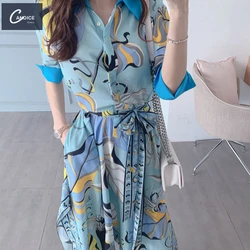 Candice 2023 spring temperament color matching shirt collar waist tie print irregular hem dress korean style