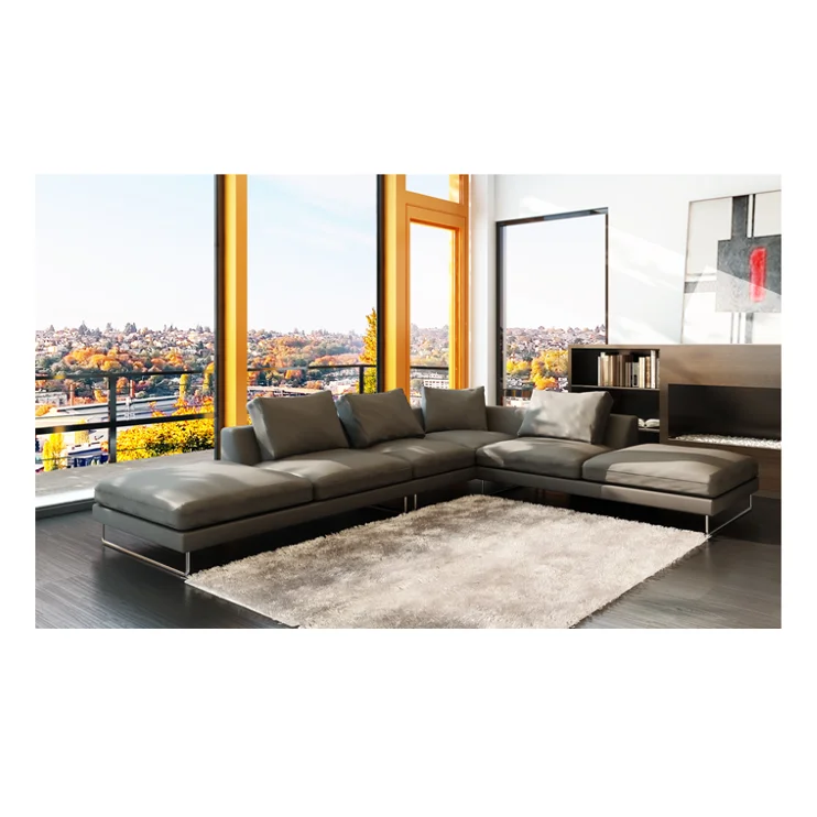 Living Room Italian Modern Sofas Black Leather Corner Couch Sofa Set L Shaped Sectional Sofa