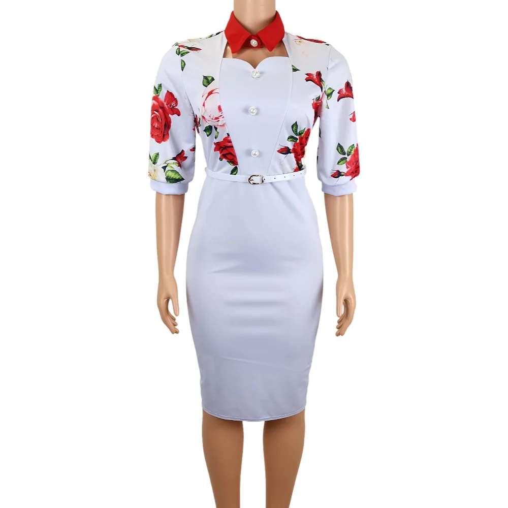 summer Women Casual Office Lady Dresses turn down collar floral print Elegant Business Bodycon Vestidos workwear Sheath