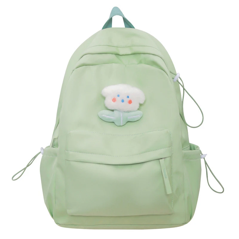 Customizable Green Nylon Waterproof School Backpack for Women Girls Summer Bag with Cute Decoration and Logo