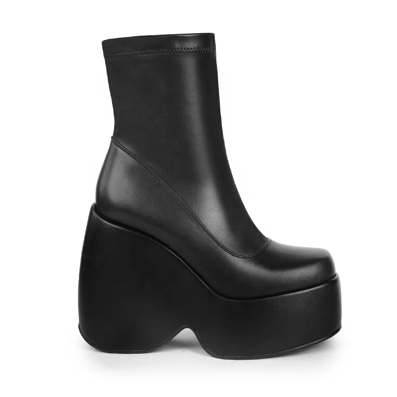WETKISS 2022 Custom Goth Shoes Black Stretch PU Boots High Platform Ankle Boots Women Wedge Boots Wholesale