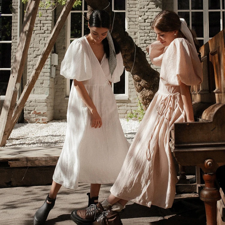 Casual Women Dresses Solid Simple V Neck Short Puff Sleeve Cotton High Waist Lace Up Wrap Robe Midi Elegant Maxi Ladies Dress