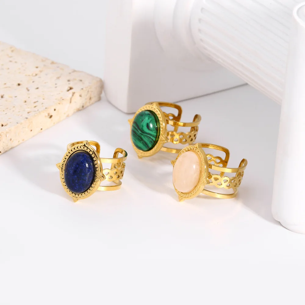Waterproof Pvd Gold Plated Stainless Steel Natural Stone Hollow Three Layers Adjustable Ring anillos de acero inoxida