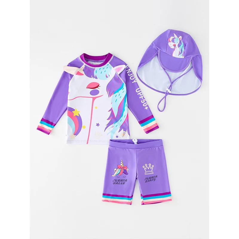 New Trend Girls Three Piece Swimwear Unicorn Cartoon Rash Guard Swimsuit Kid Girls Swimwear Bikini