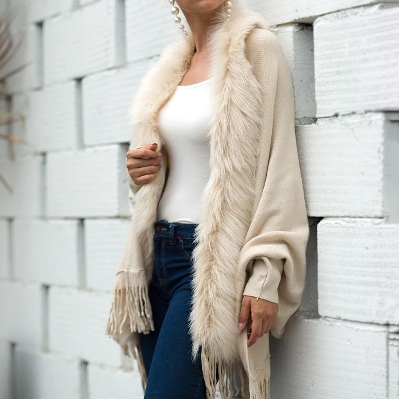 Sweater Oversize Autumn Winter Clothes Women Fur Collar Shawl Cape Streetwear Knitted Tassel
