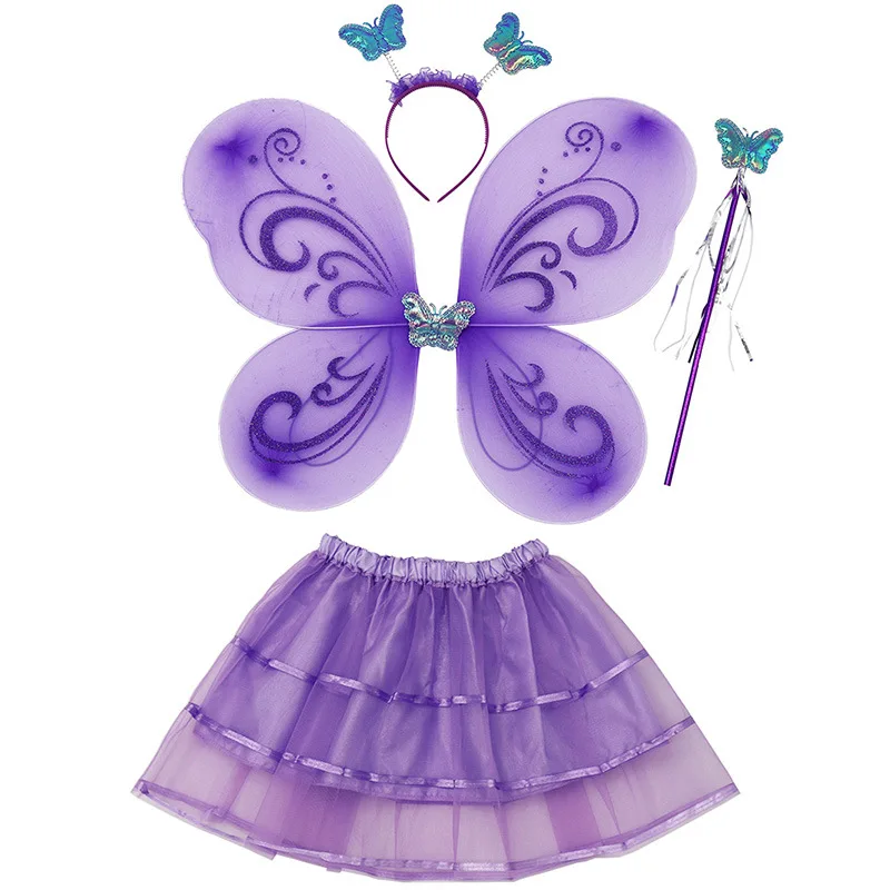 Girls Party Gift RolePlay Butterflies Costumes Princess Fairy Wings Magic Wand Headband Skirt 4Pcs Halloween Cosplay Props