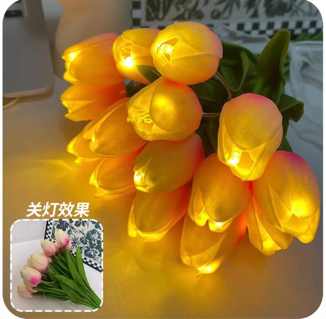 5,10,15 PACK Battery Powered Tulips Artificial Flowers With LED Lights Real Touch Bouquet LED Flower Lights for  Bedroom
