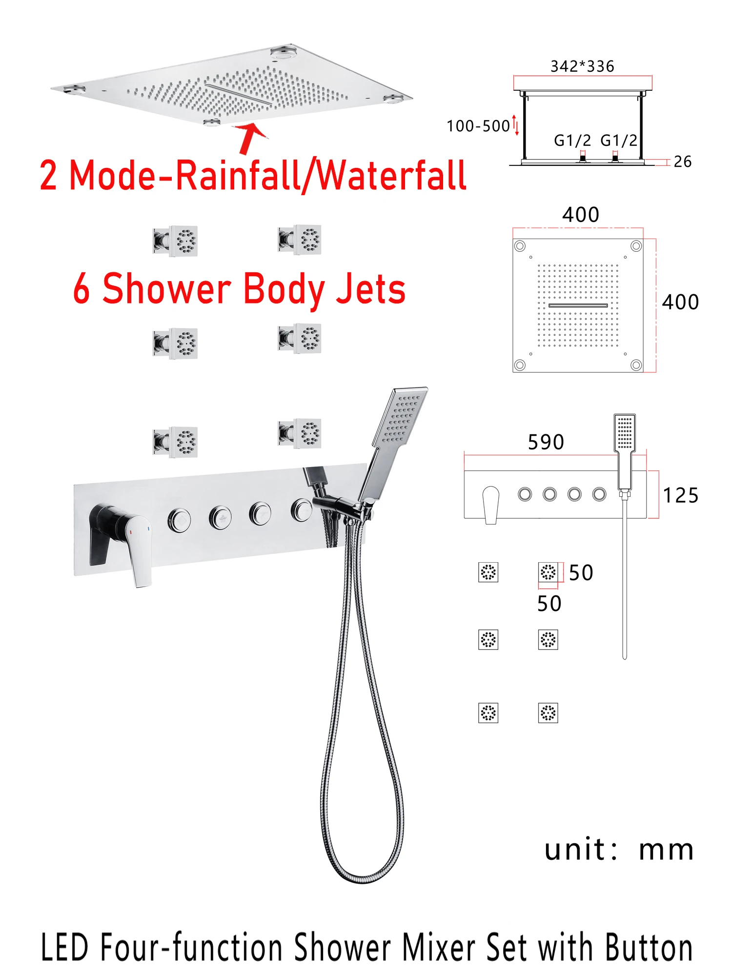 LED Bathroom Rainfall Shower System SPA Waterfall Mist Multifunction Brass Diverter Valve Shower Set