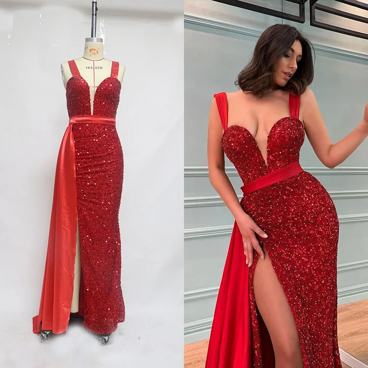 Split Red Sexy Long Temperament Trailing Sequin Evening Dress one shoulder bandage dress
