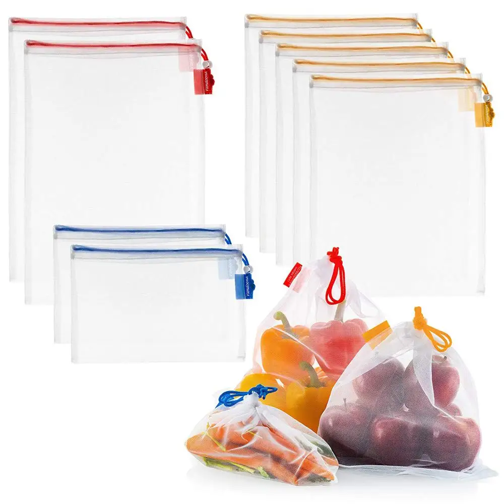 Custom LOGO Tag Recycle RPET Mesh Bag Reusable Vegetable Fruit Bag Wholesale Eco Friendly Drawstring Bags