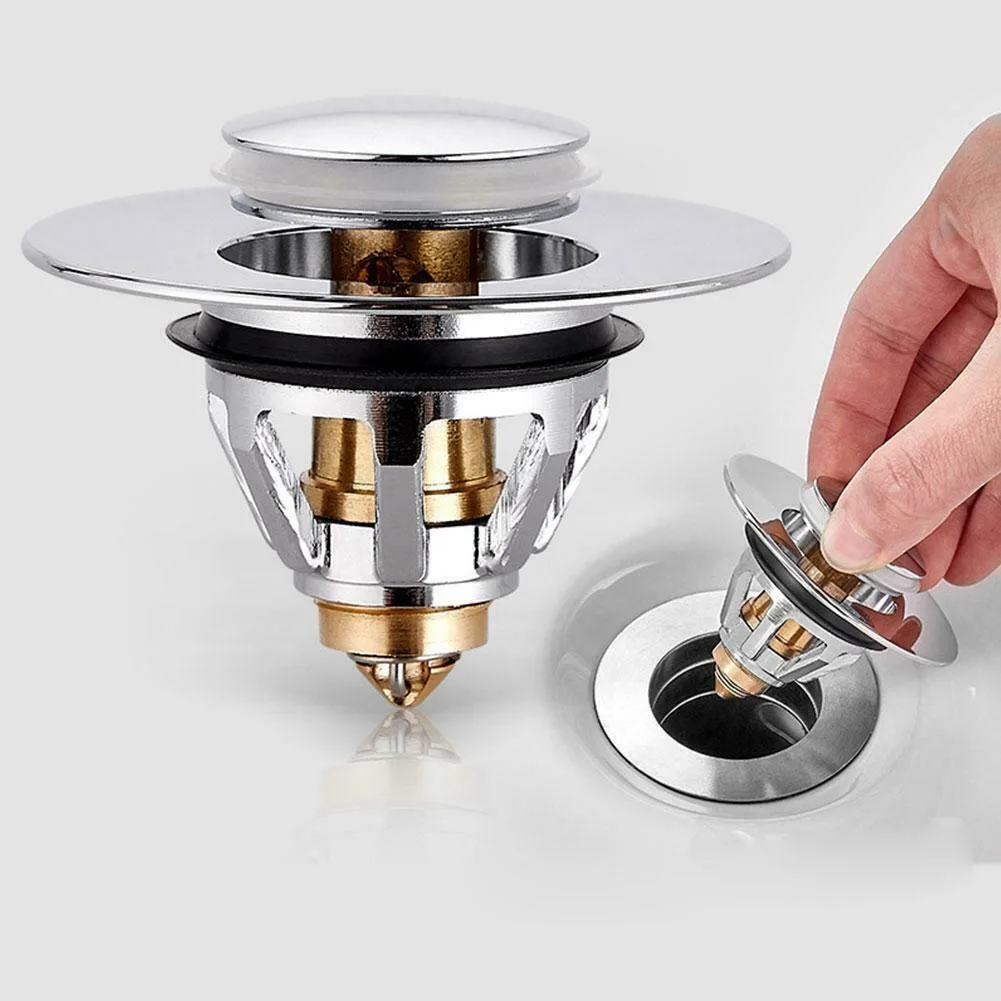 Washbasin face pool water plug wash basin drainer tube fittings spring core press type stainless steel flip cover