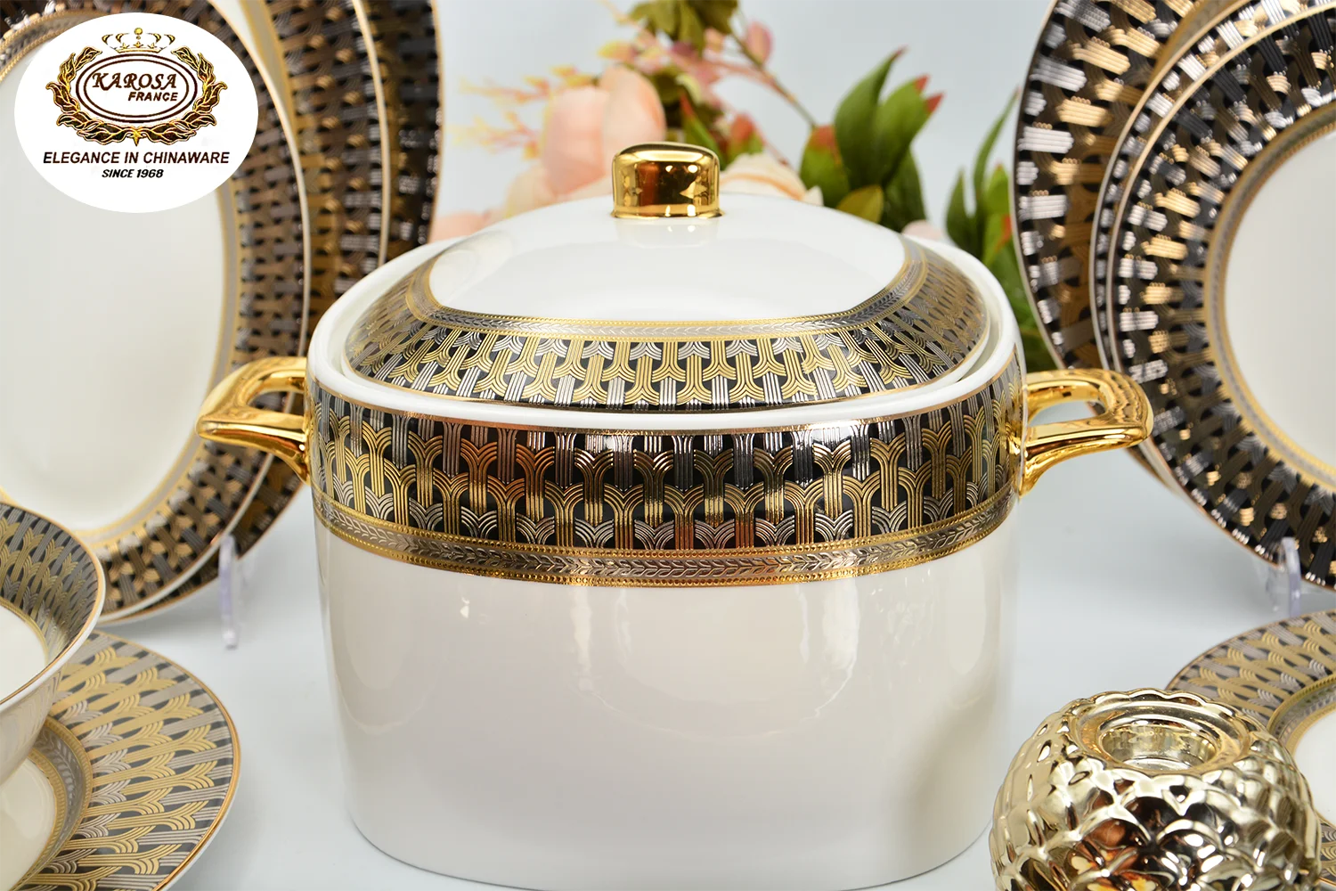 karosa 56pcs luxury embossed gold with silver design royal style bone china porcelain tableware dinnerware dinner sets
