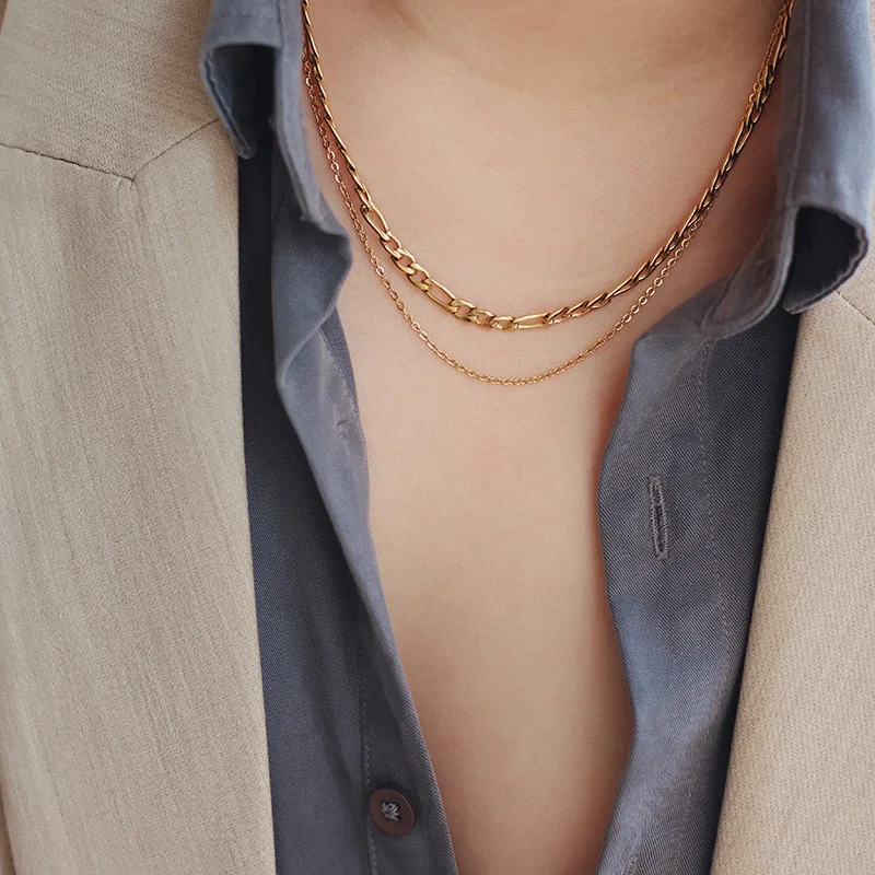 Double Figaro Chain Layered Stainless Steel Necklace 18K Gold Plated Tarnish Free Waterproof Jewelry