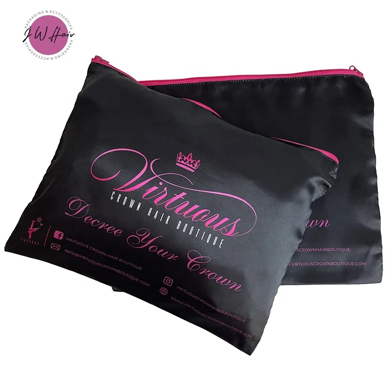 Hair Extensions Packaging Silk Zipper Bag Custom All Over Logo Printed Satin Zip Wig Storage Gift Bag