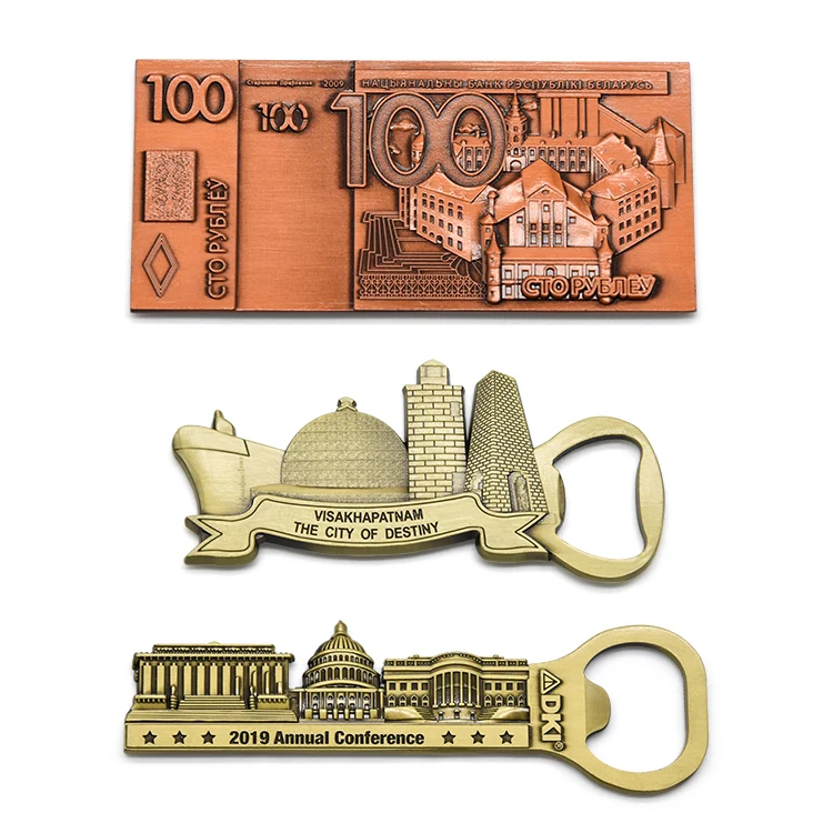 Home decoration promotional gift souvenir antique plating metal 3d fridge magnet with bottle opener