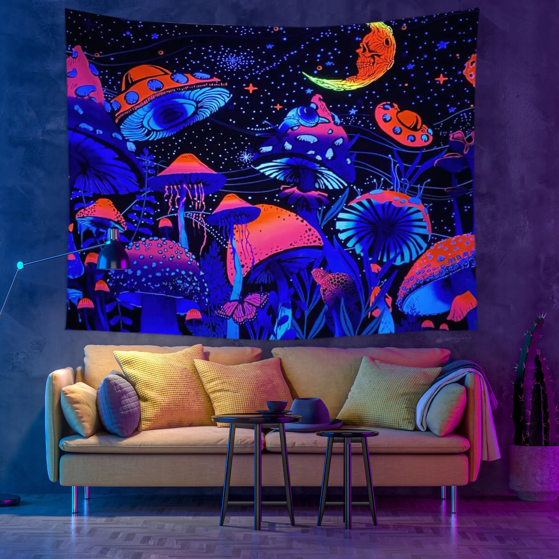 Wall Skull Tapestry Decor UV Reactive Black Light Colorful Mushroom Night Glowing Tapestries for Bedroom