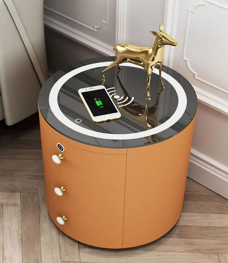 Round Design Smart Side Bed Table Wooden Modern Bedside Drawer Smart Bedside Table Wireless Charging Bluetooth