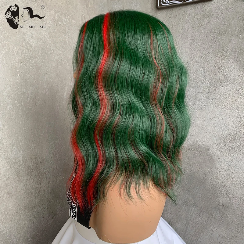 Short Natural Wavy Green Red Bob Wigs For Women Shoulder Length Cruella deville Synthetic Hair Halloween Costume Cosplay Wig