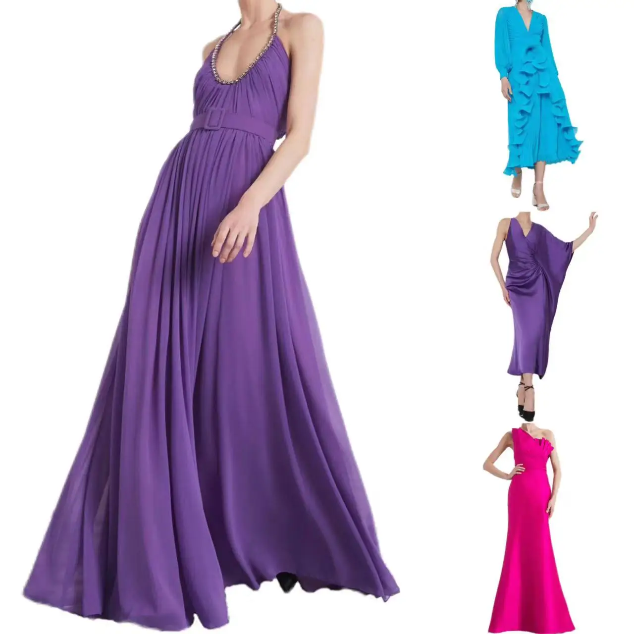 Factory Featured Design 3D Flouncing Long Sleeves V-neck Pleated Casual Long Dresses Spring Summer Party Evening Dress