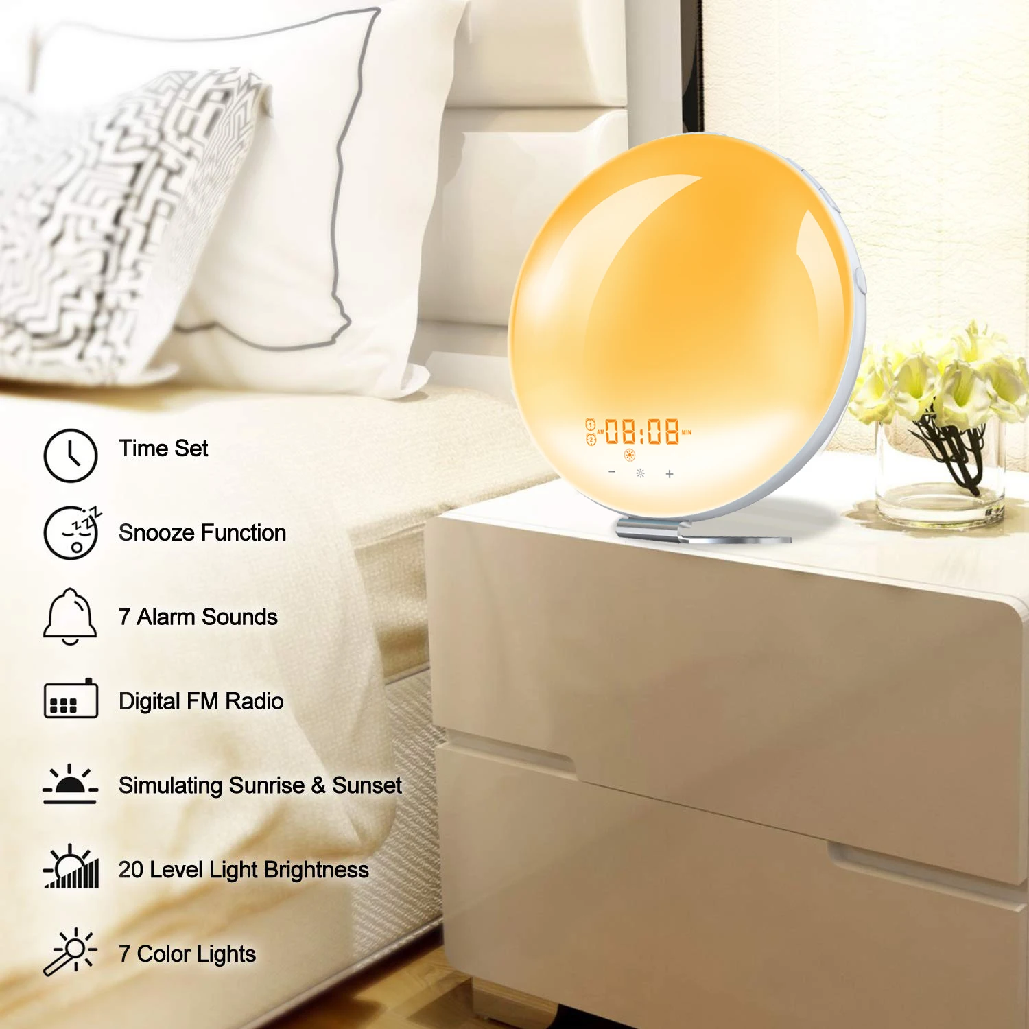 Daylight Alarm Bedside Lamp Simulating Rgb Night Wake Up Clock Smart Wifi Sunset Simulation Digital Sunrise Light