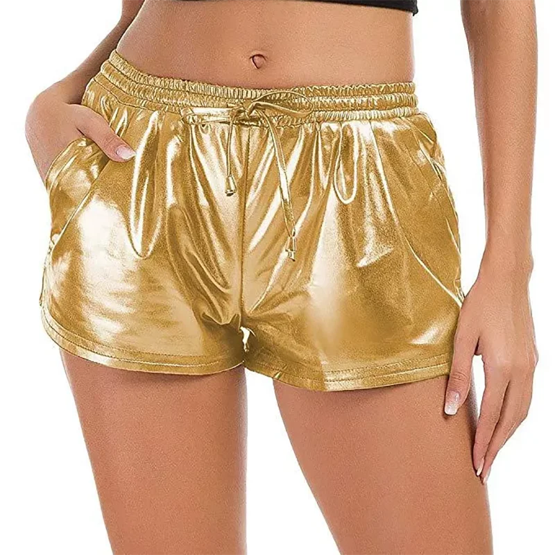 Luxury Summer Elastic Band Blank Glossy Girls Hip Pop Shorts Shiny Nylon Silver Metallic Dance Womens Jazz Shorts For Girls