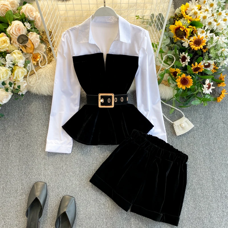 
2021 ladies office wear Spring Autumn Long Sleeve Velvet Tops With Belt Elastic Shorts Two Piece Set Women suits 