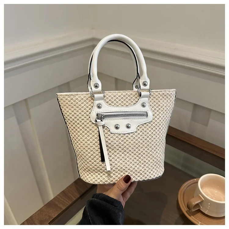Durable Using Straw Basket Bag Woven Bag Women large capacity classic printing tote bag PU Leather Strap Raffia Handbag