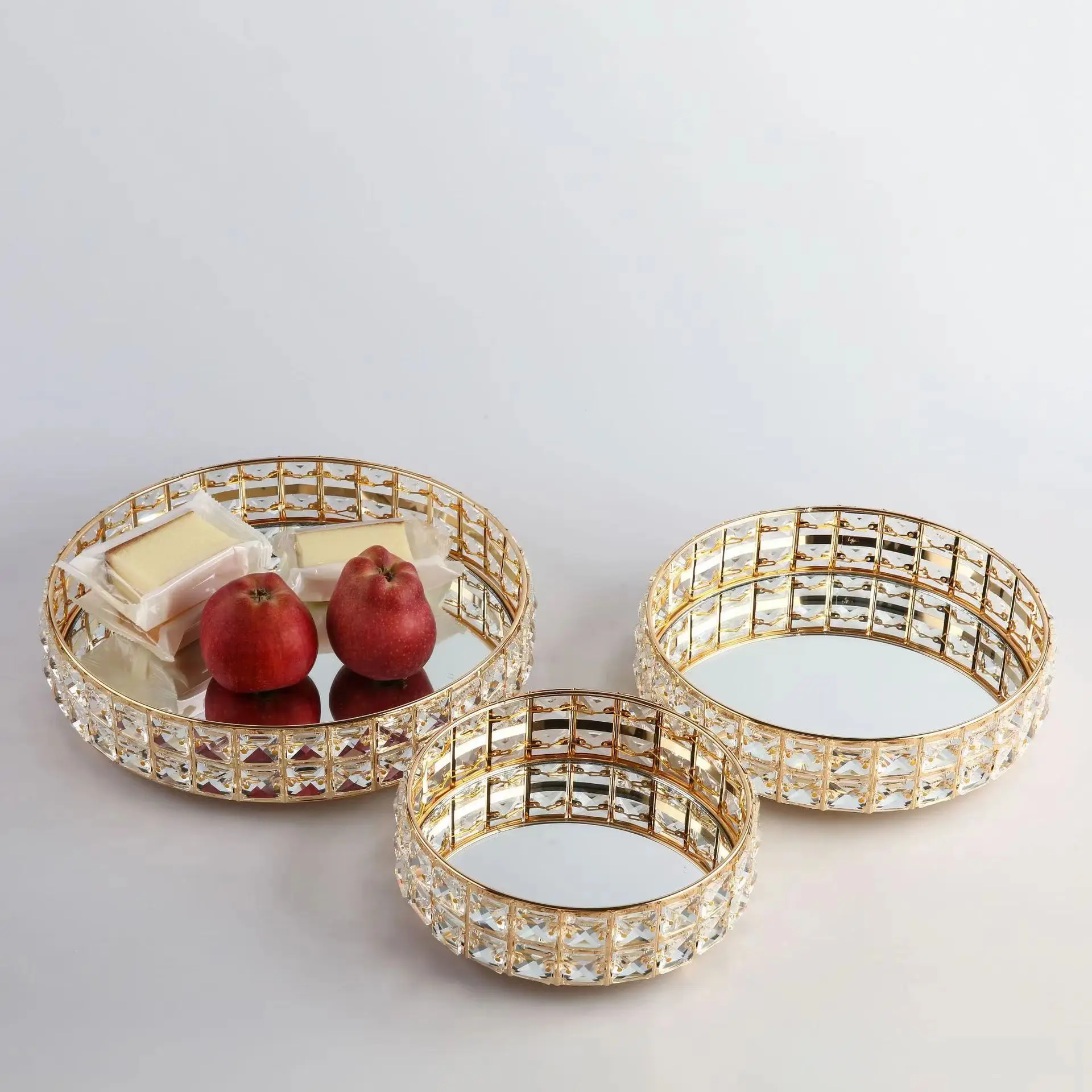 Modern style metal crystal make-up tray round jewelry tray mirror service tray