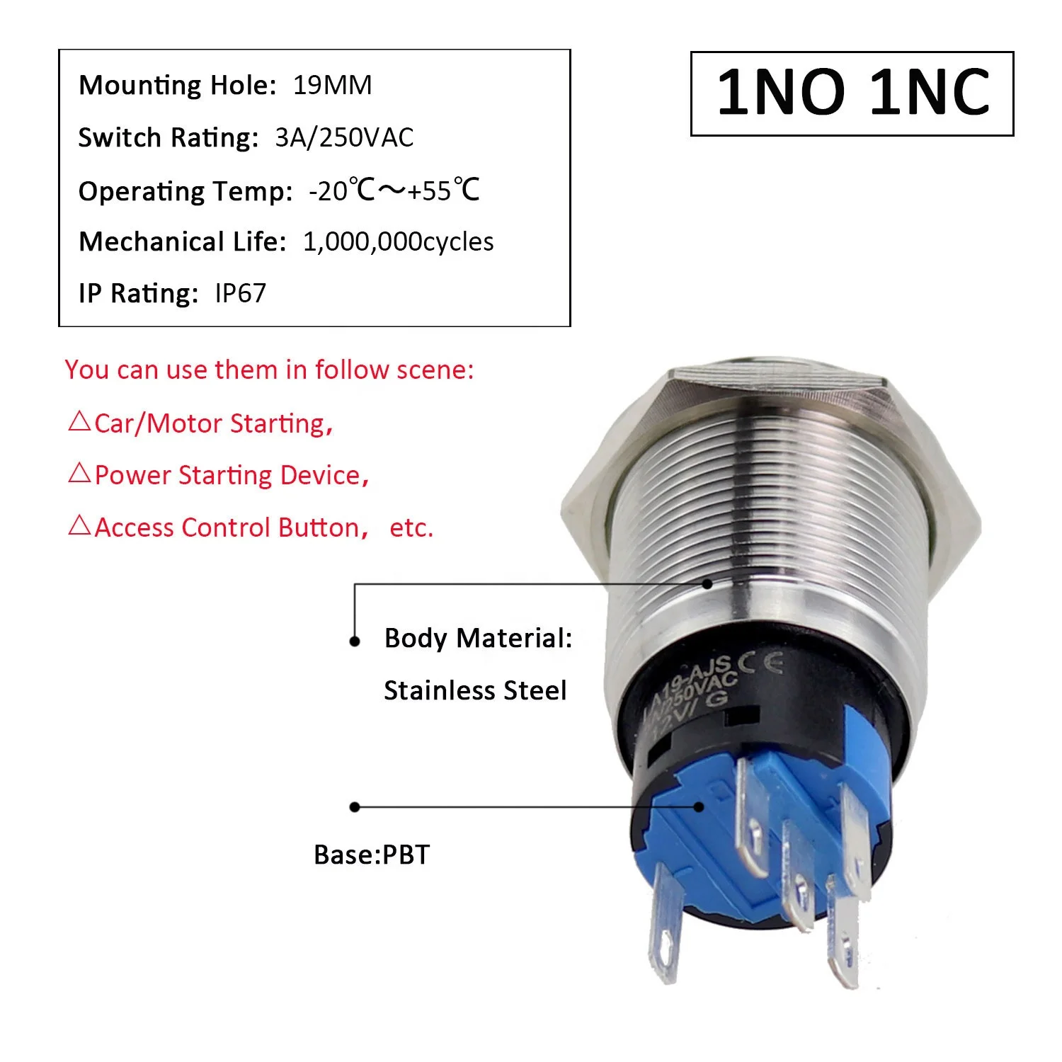 19mm auto engine ignition starter ac power latching push button with led light