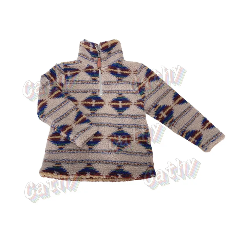 Newest Custom Western Style Kids Aztec Fleece Jacket Mommy and Me Printed Pullover Boys Girls 1/4 Zipper Hoodie Sweatshirt